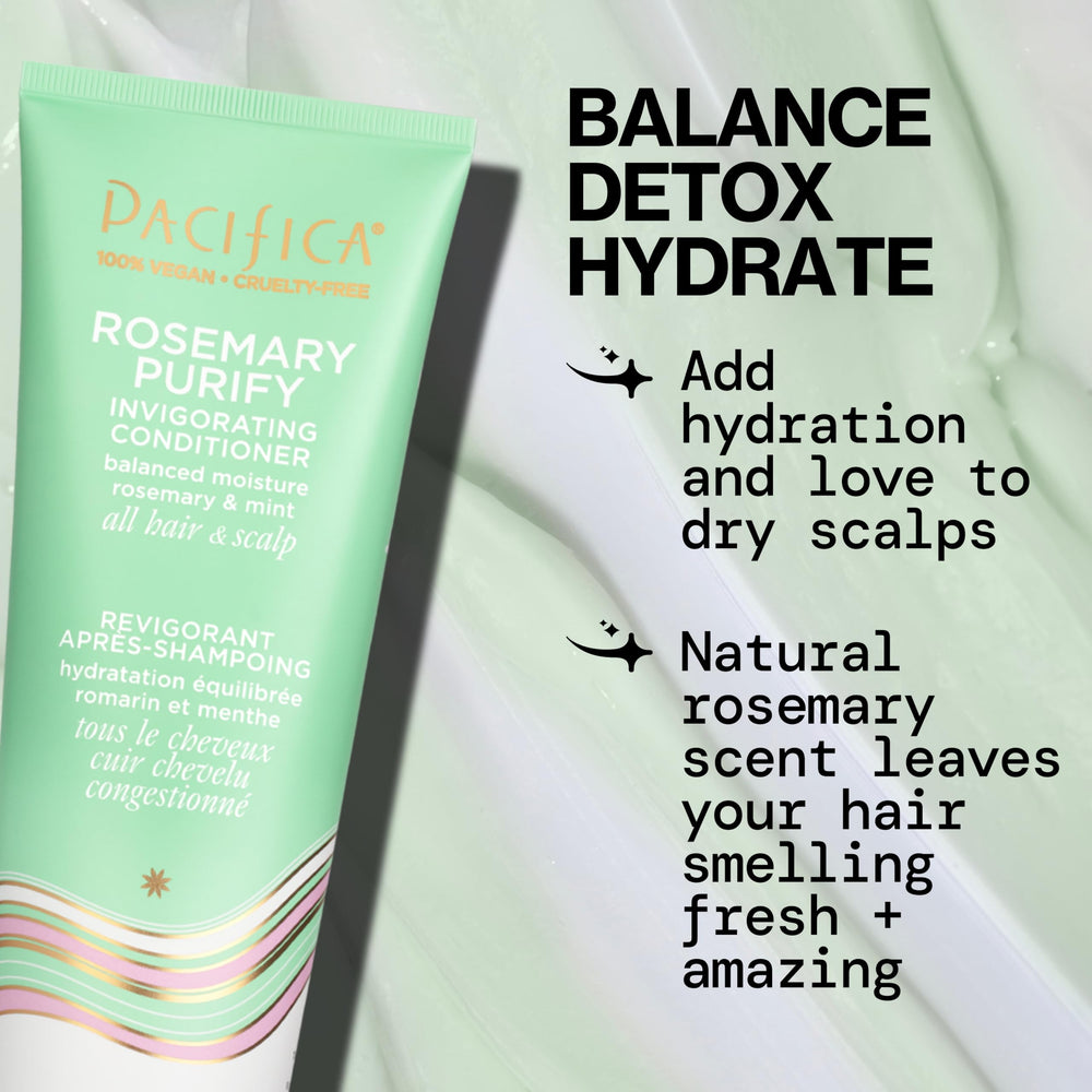 Pacifica Rosemary Purify Conditioner label closeup indicates a nourishing formula.