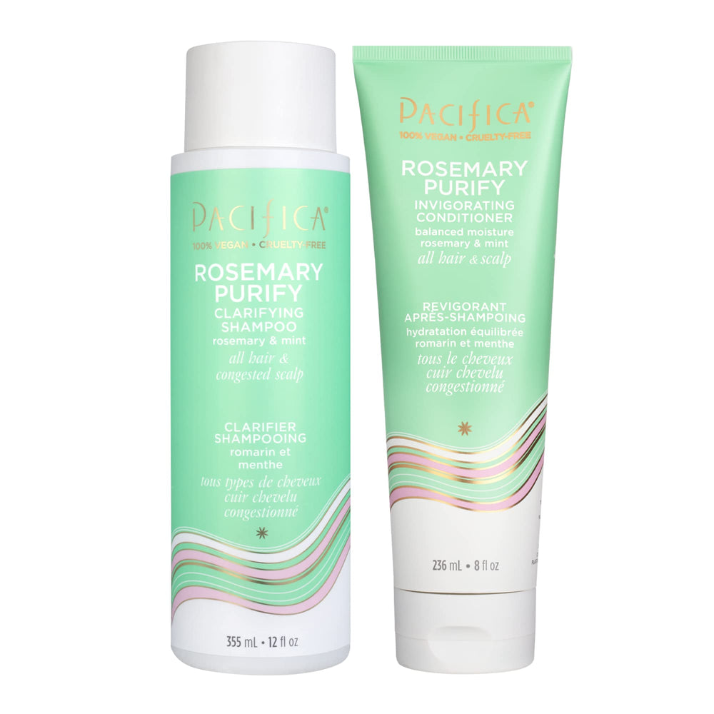 Pacifica Rosemary Purify Shampoo bottle shows a detoxifying cleanse for a refreshed scalp.