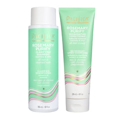 Pacifica Rosemary Purify Shampoo bottle shows a detoxifying cleanse for a refreshed scalp.