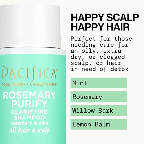 Pacifica Rosemary Purify Shampoo label closeup highlights rosemary and mint infusion.