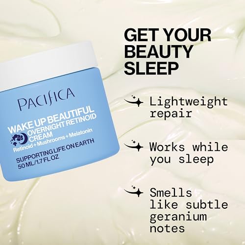 Bedside setup showing Pacifica Wake Up Beautiful night cream for nightly routine.