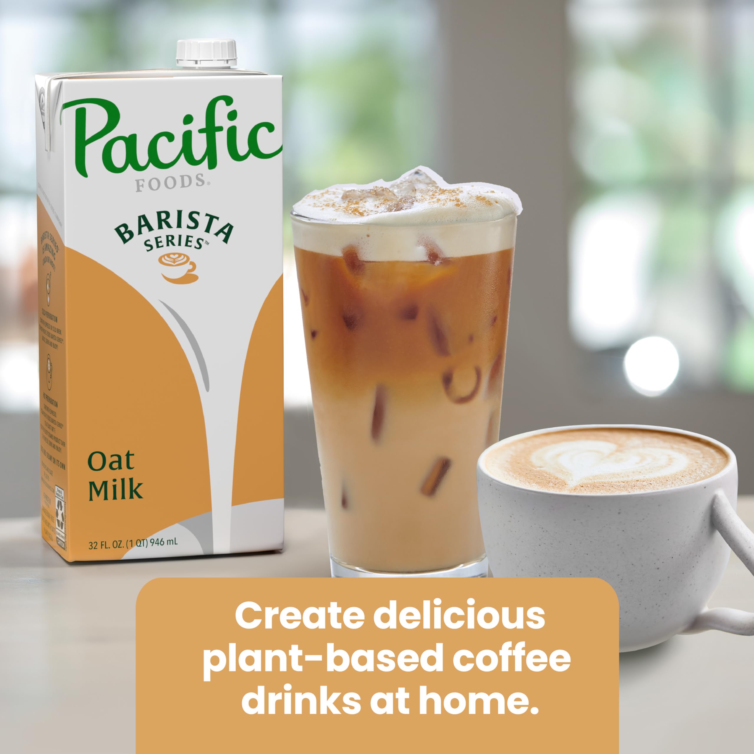 Pacific Foods Barista Oat Milk Original 32oz latte-art setup for smooth drinks.