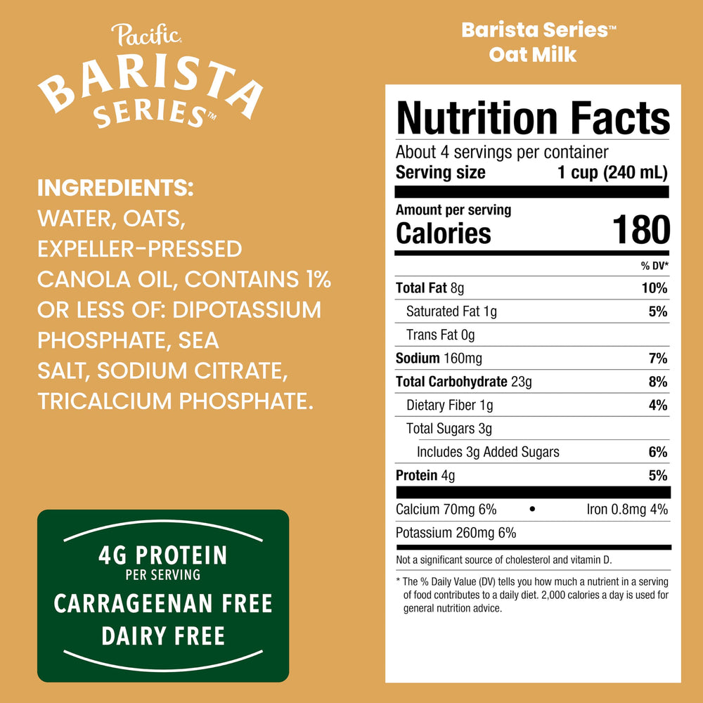 Pacific Foods Barista Oat Milk Original 32oz steaming cup delivers latte-worthy micro-foam.