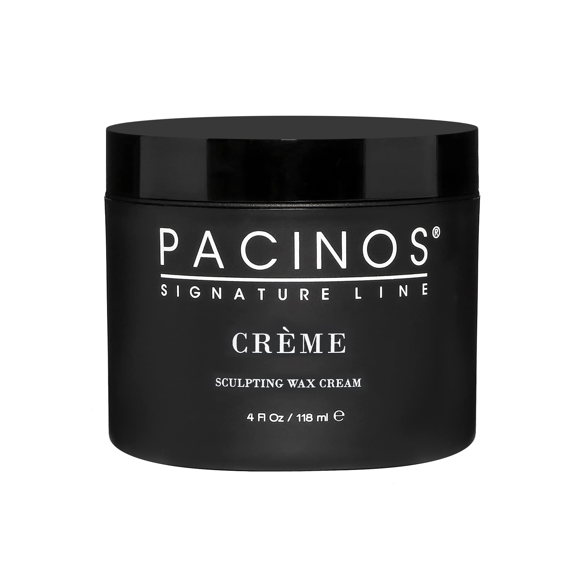 Pacinos Creme Wax Cream bottle shows medium hold for all-day definition.