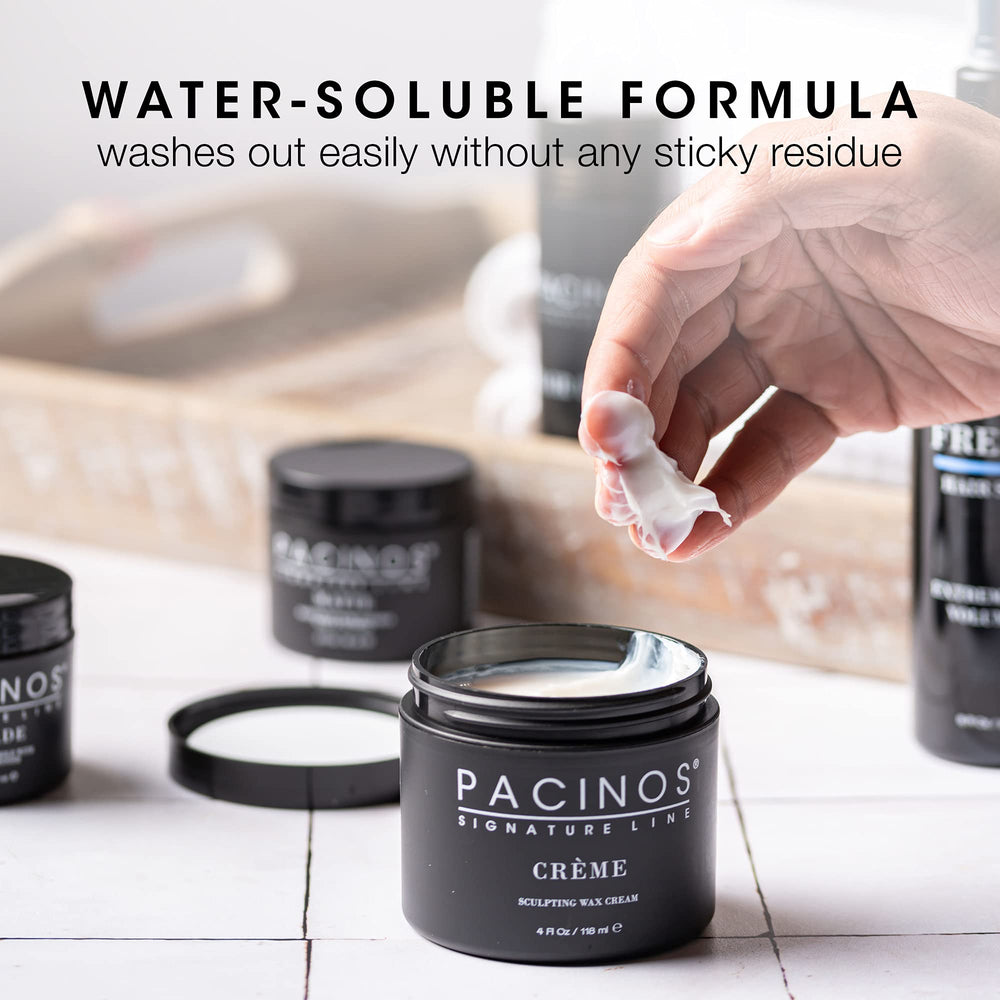 Hands applying Pacinos Creme Wax Cream for easy distribution and even hold.