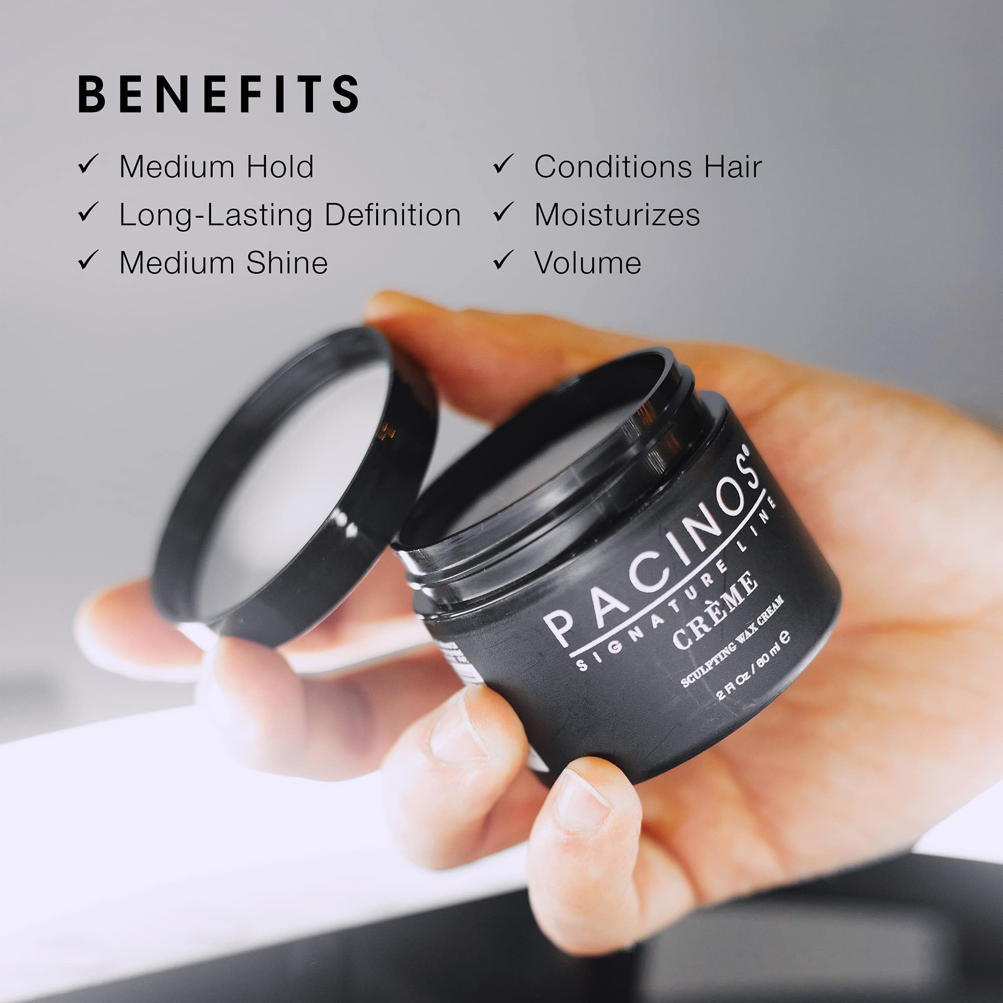 Pacinos Creme Wax Cream jar close-up highlights rich texture for flexible styling.