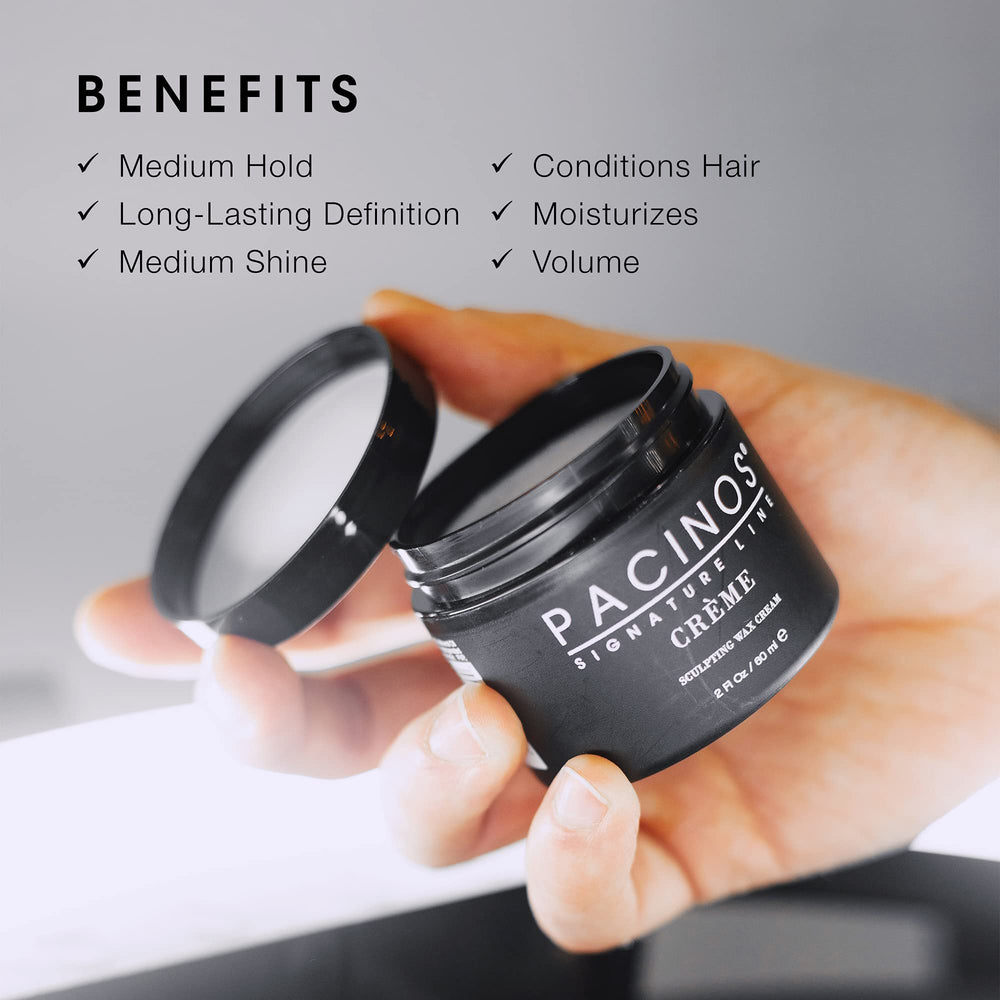 Pacinos Creme Wax Cream jar close-up highlights rich texture for flexible styling.