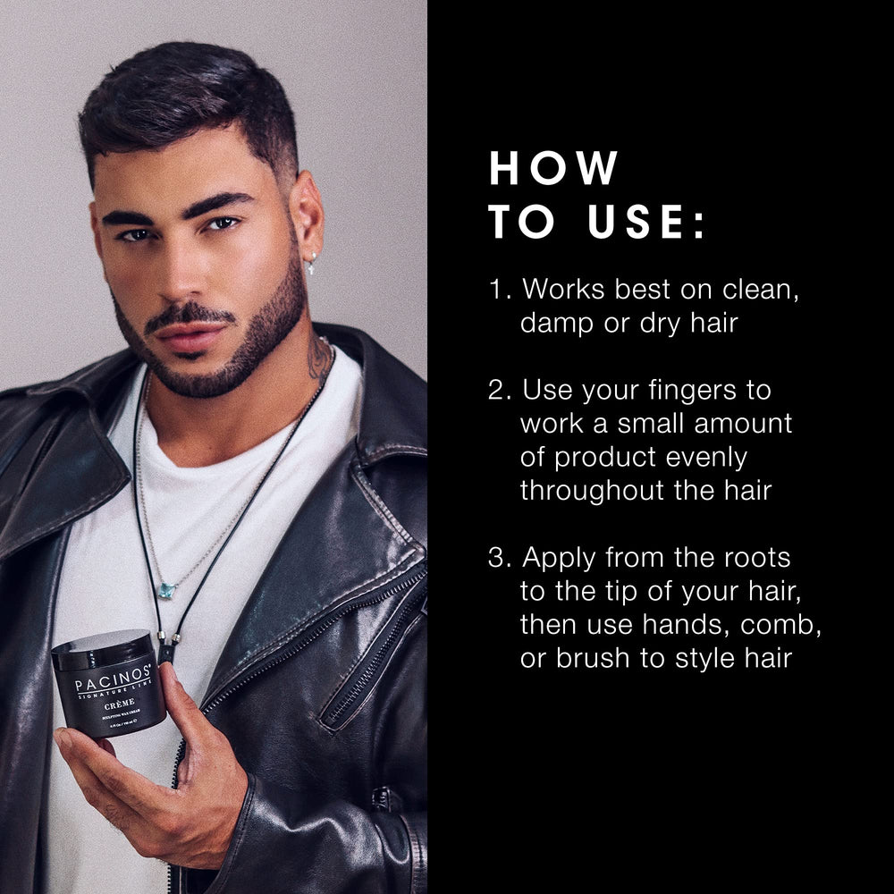 Styled model with Pacinos Creme Wax Cream shows modern, controlled finish.