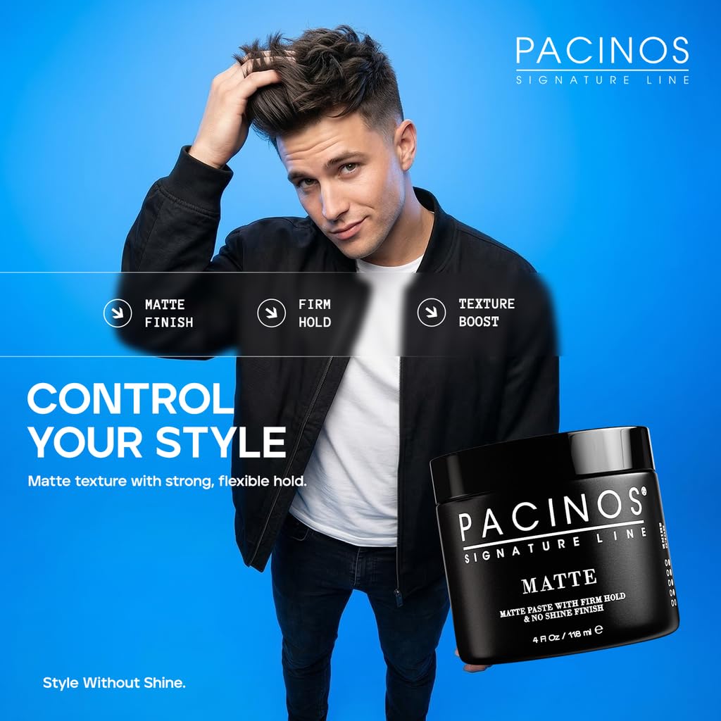 Pacinos Matte Hair Paste used for Caesar, fohawk, and messy looks.