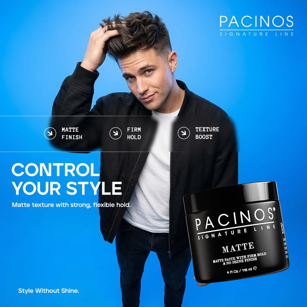 Pacinos Matte Hair Paste used for Caesar, fohawk, and messy looks.