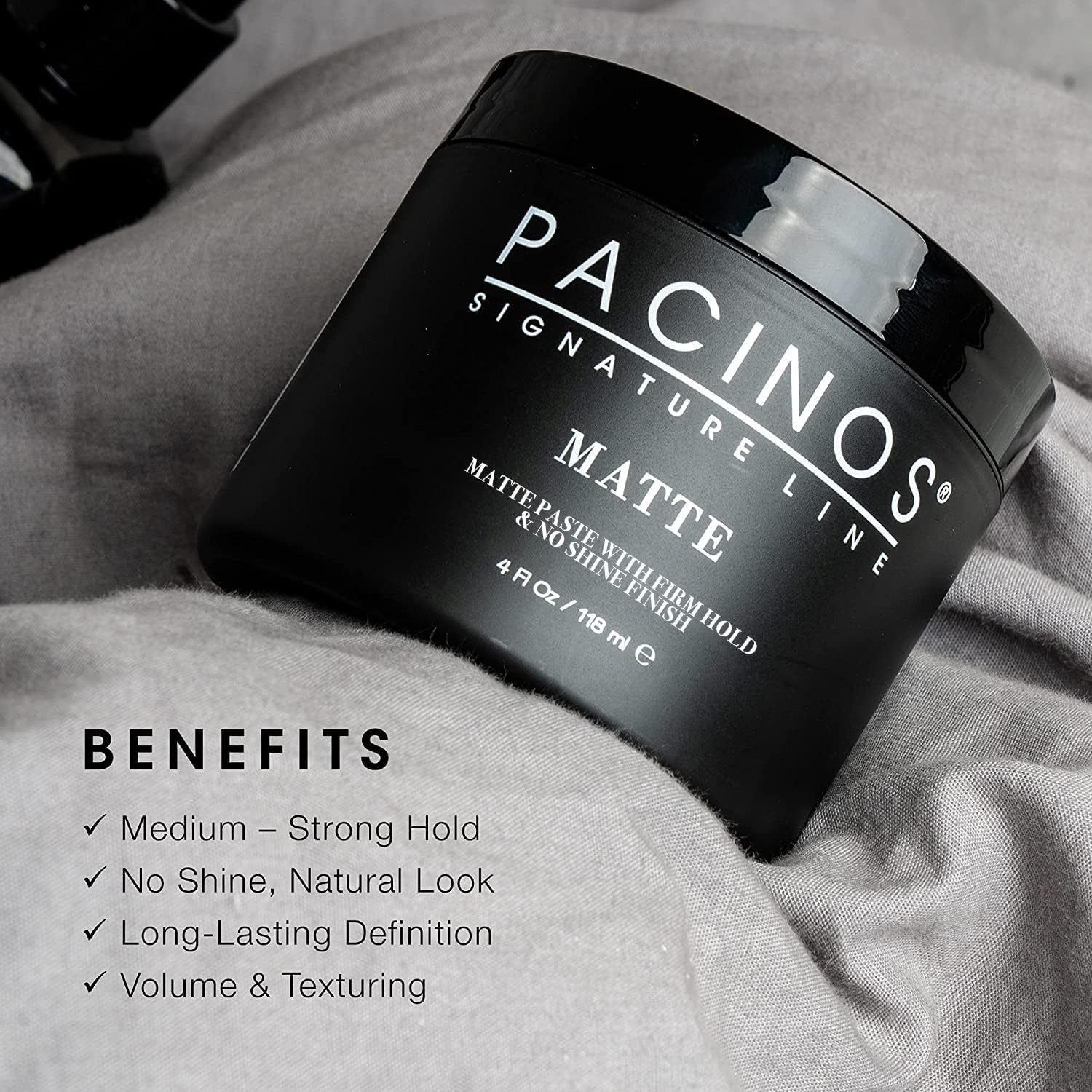 Damp hair styled with Pacinos Matte Hair Paste for added volume.