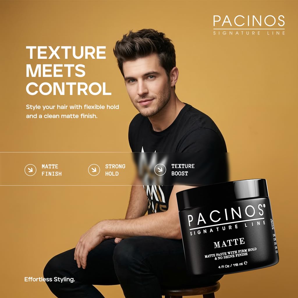 Hands applying Pacinos Matte Hair Paste for textured, defined style.