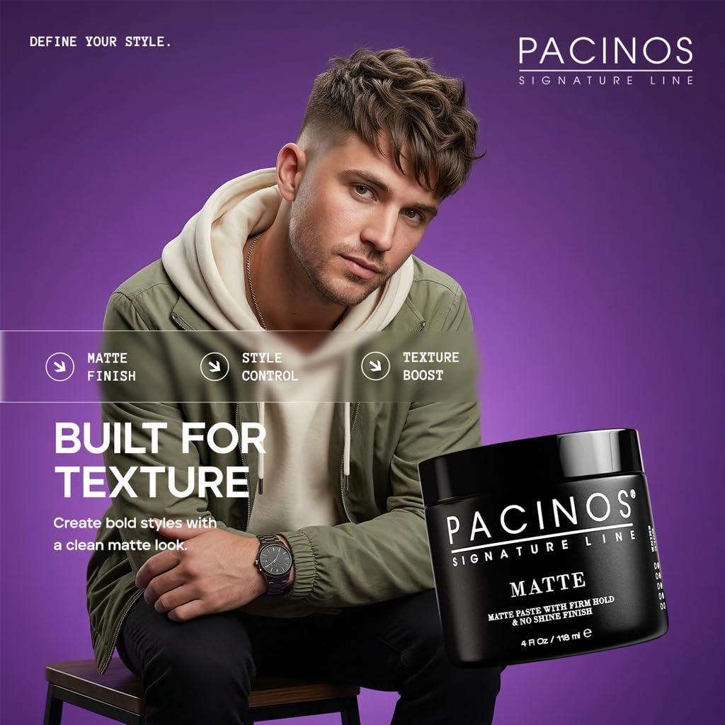 Short hairstyle defined by Pacinos Matte Hair Paste with natural finish.