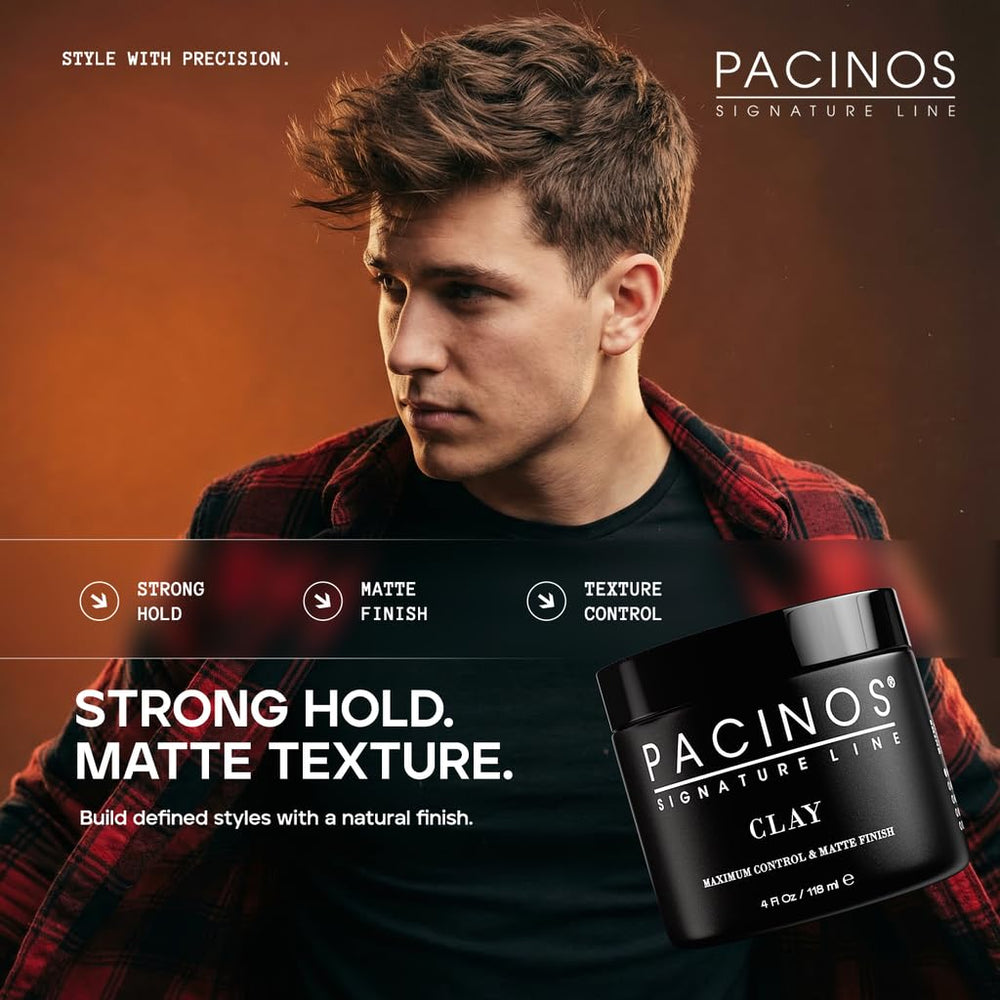 Pacinos Signature Line clay paste firm hold shapes lasting hairstyles.