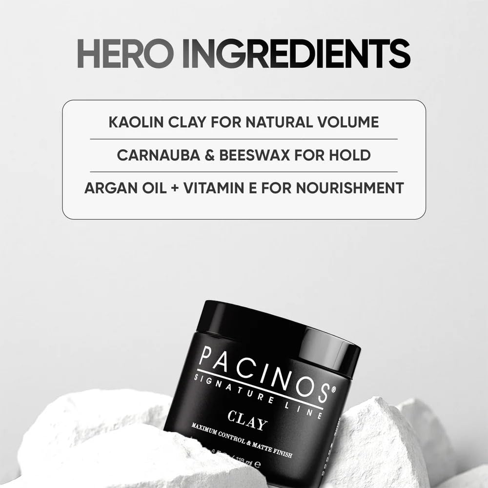 Pacinos Signature Line clay paste ensures long-lasting style from morning to night.