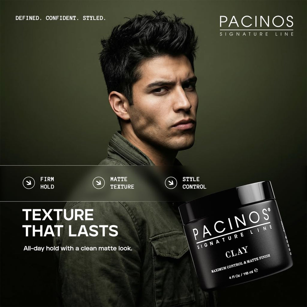 Pacinos Signature Line clay paste palm application for quick, even distribution and firm hold.