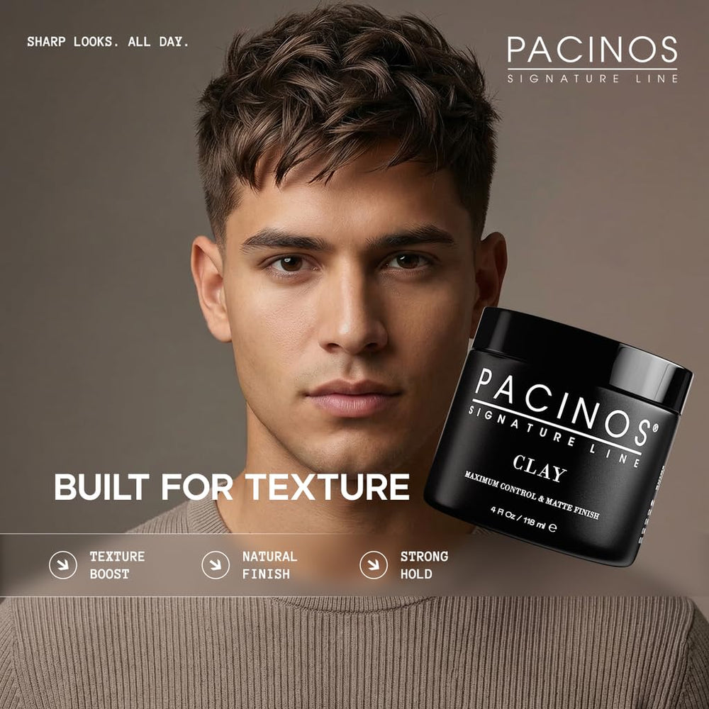 Pacinos Signature Line clay paste texture creation demonstrates grip for volumized, textured styles.
