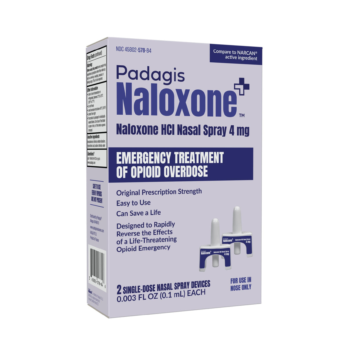 Padagis Naloxone nasal spray compact pack for on-the-go safety.