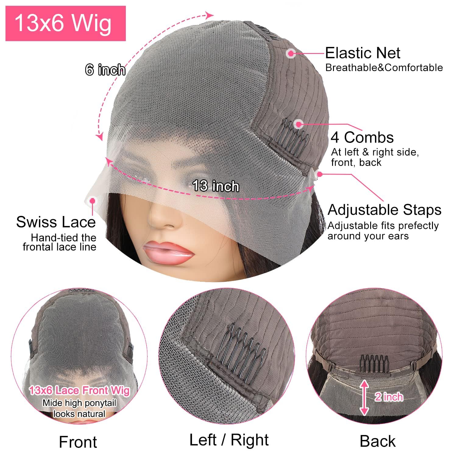 Padise cap construction with four combs and adjustable straps delivers a secure fit.