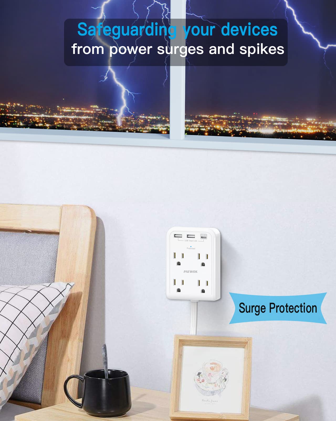 PAEWOK four-foot flat cord delivers durable, low-profile reach.