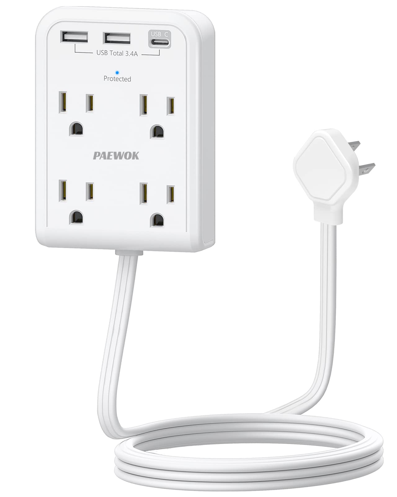 PAEWOK Surge Protector with flat plug fits tight spaces behind furniture.