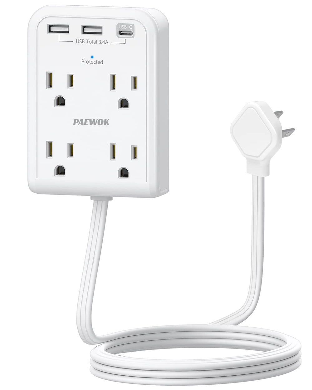 PAEWOK Surge Protector with flat plug fits tight spaces behind furniture.