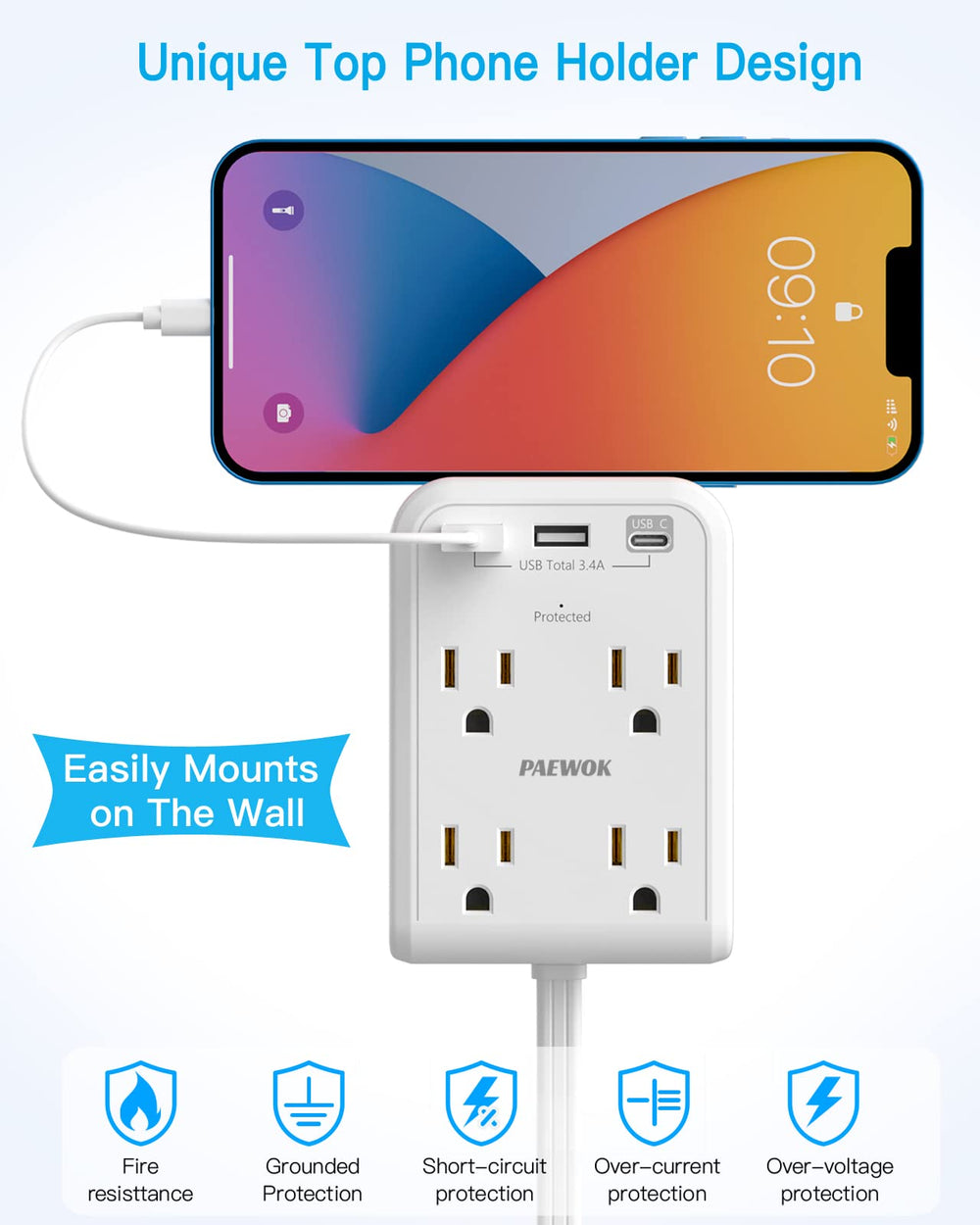 PAEWOK USB-A and USB-C ports enable simultaneous charging on desks.