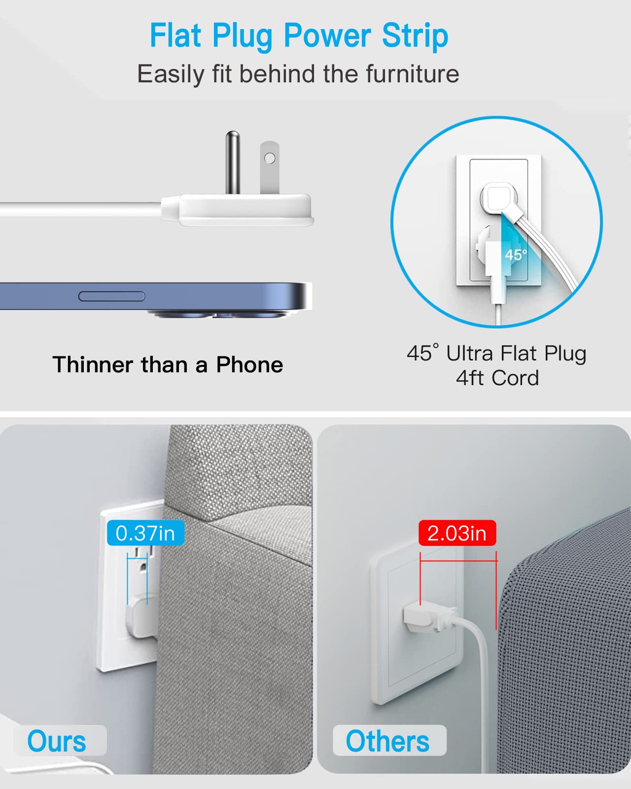PAEWOK compact power strip with removable shelf for flexible placement.