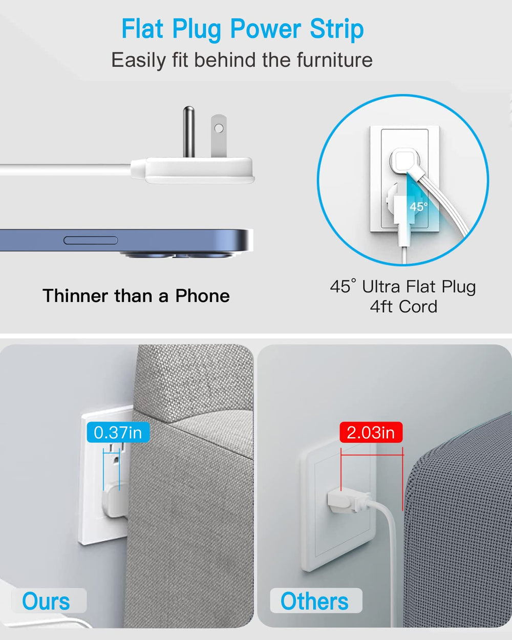 PAEWOK compact power strip with removable shelf for flexible placement.