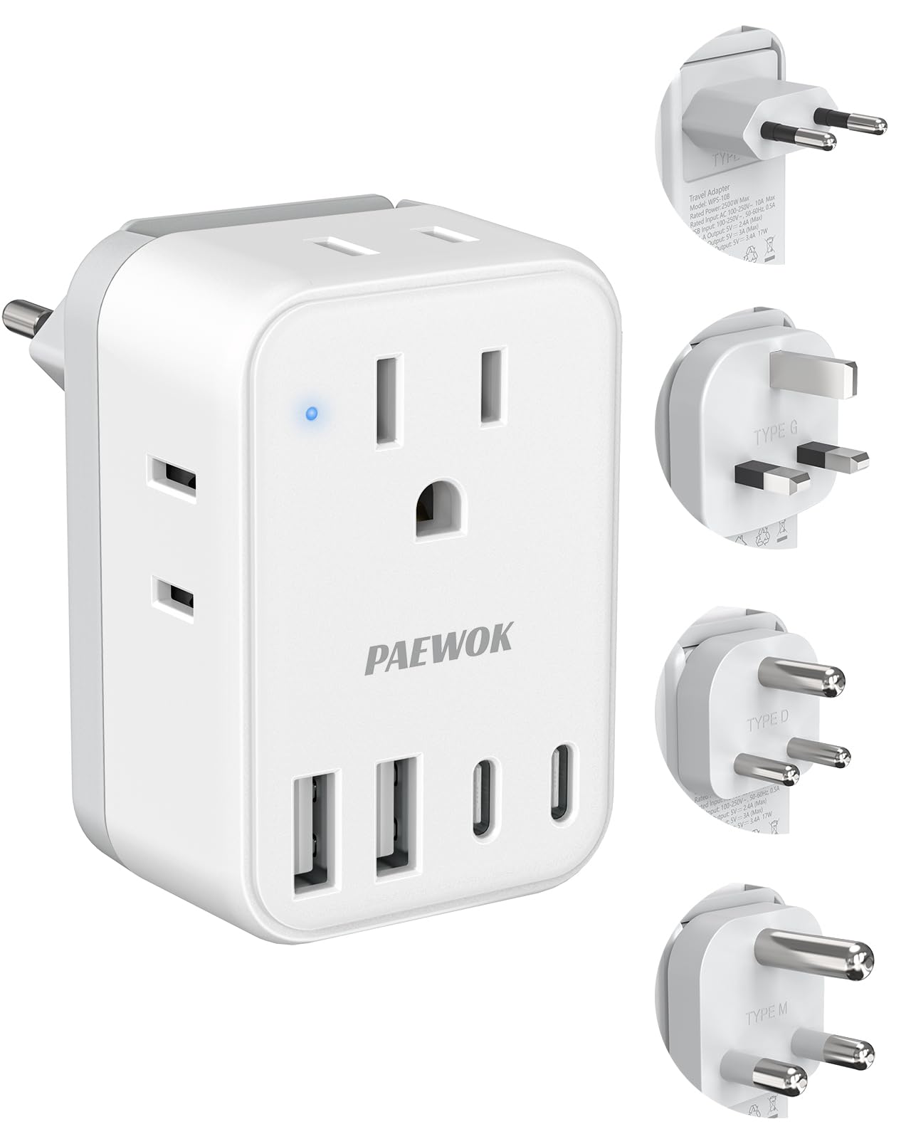 PAEWOK travel adapter 8-in-1 front USB ports enable simultaneous device charging on the go.