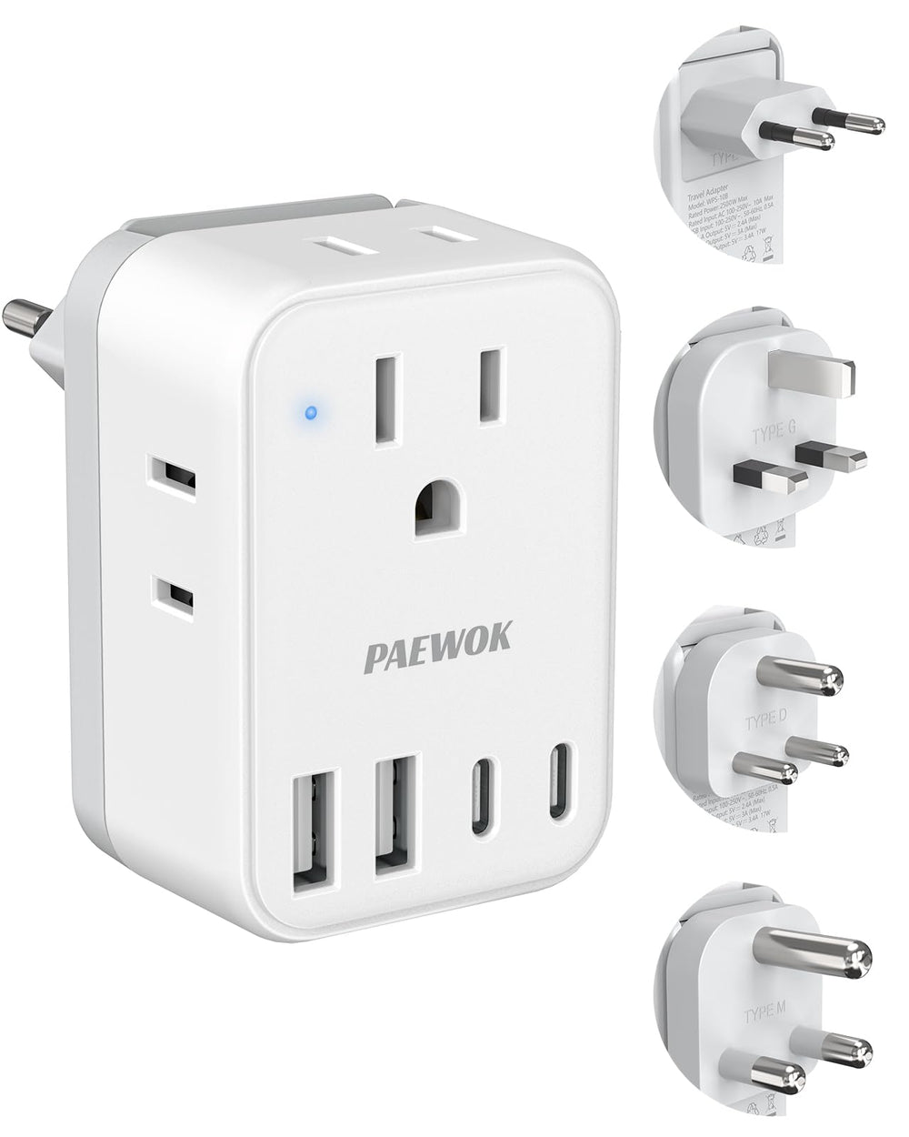 PAEWOK travel adapter 8-in-1 front USB ports enable simultaneous device charging on the go.