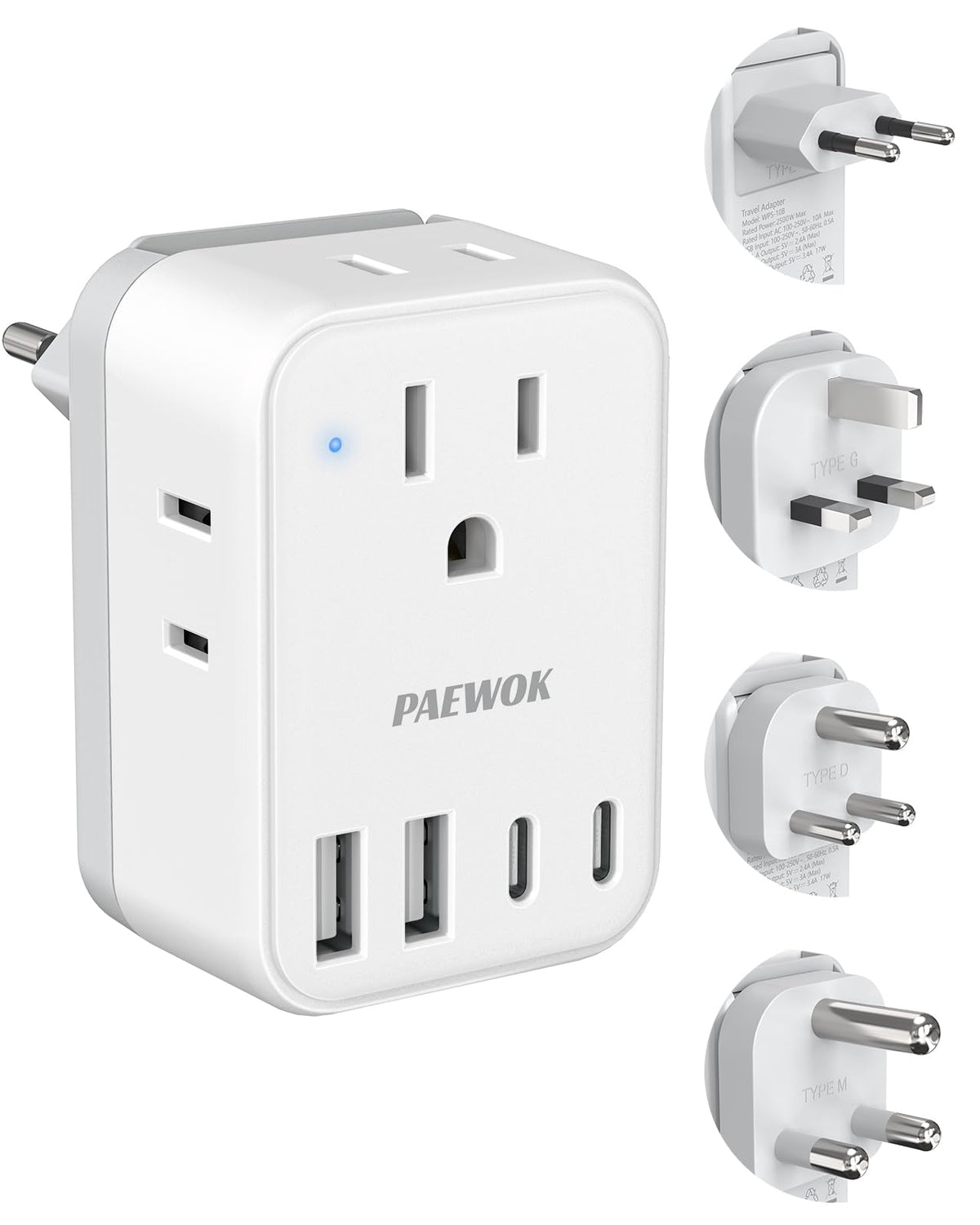PAEWOK travel adapter 8-in-1 front USB ports enable simultaneous device charging on the go.