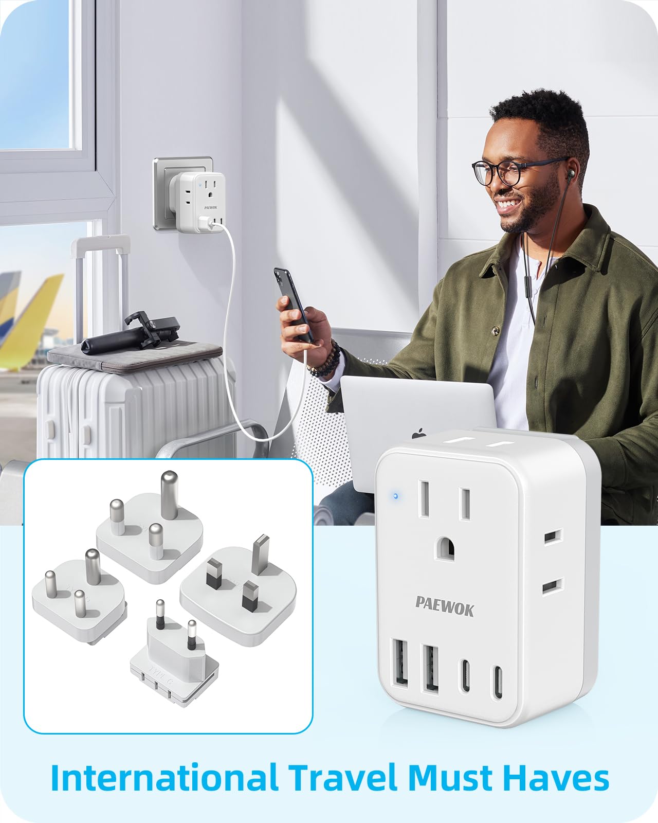 PAEWOK kit includes four detachable plugs for Europe, UK, SA, India.