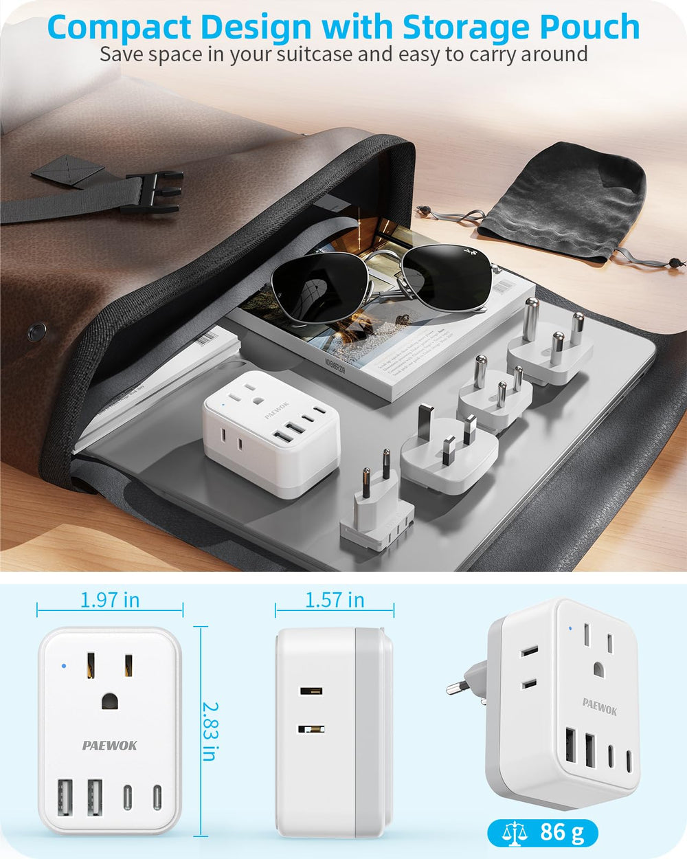 PAEWOK USB-C and USB-A ports power phones, tablets, and gadgets.