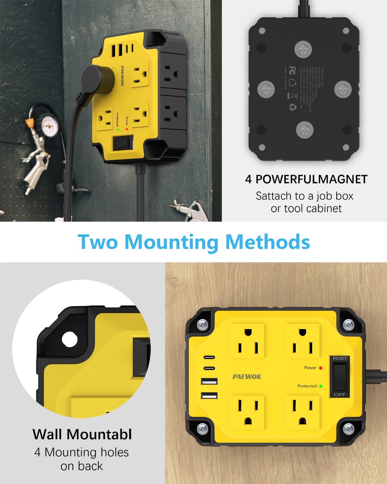 PAEWOK USB-A and USB-C ports charge devices while you work.