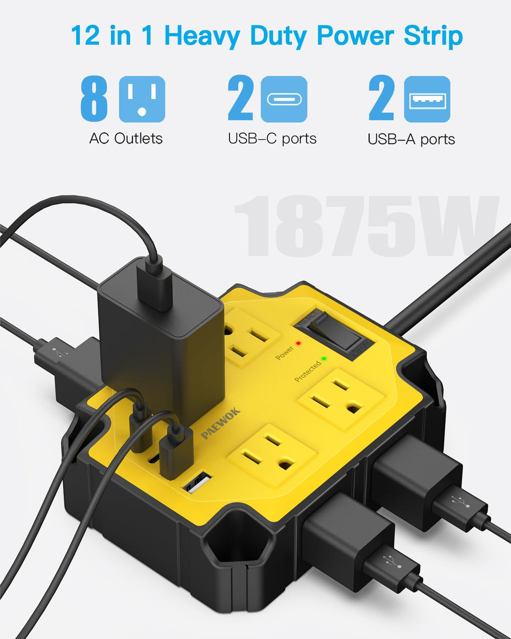 PAEWOK wide-spaced outlets prevent adapter blocking in busy workspaces.