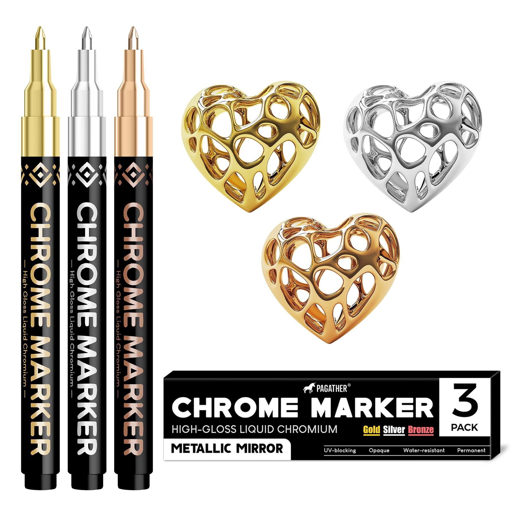 Pagather chrome pens gold show reflective mirror finish for metal and plastic projects.