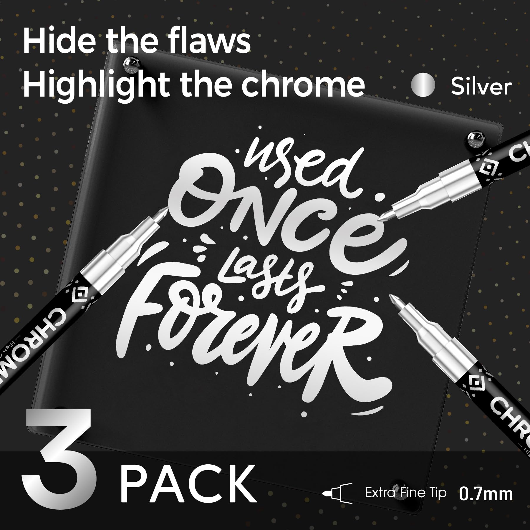 Pagather chrome markers on metal surface highlighting precise detailing.