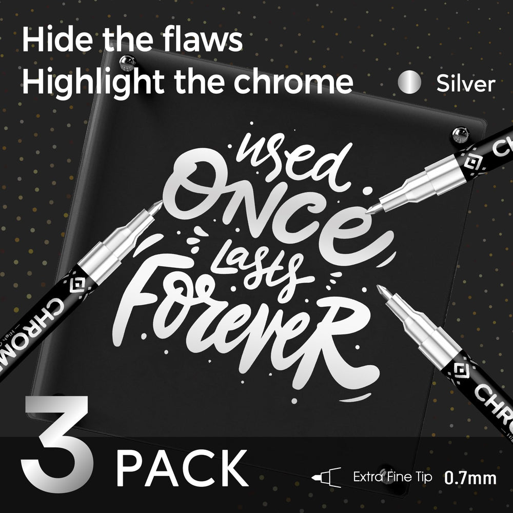 Pagather chrome markers on metal surface highlighting precise detailing.