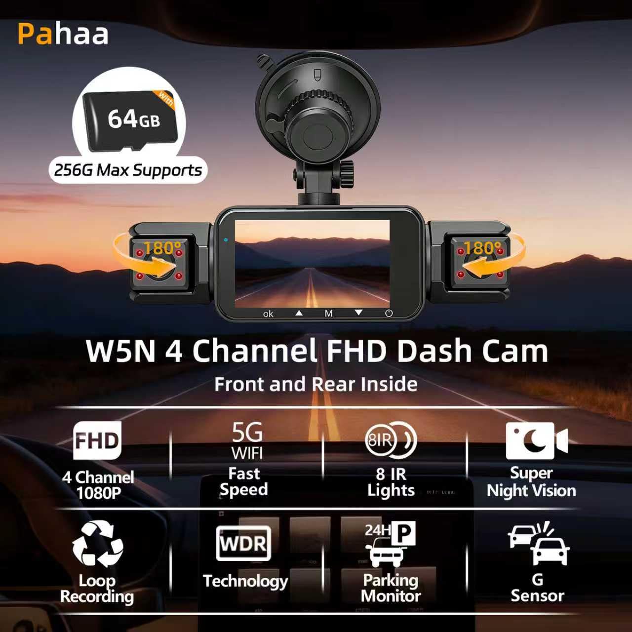 pahaa 4-channel dash cam left-right cameras provide broad coverage for safer driving.
