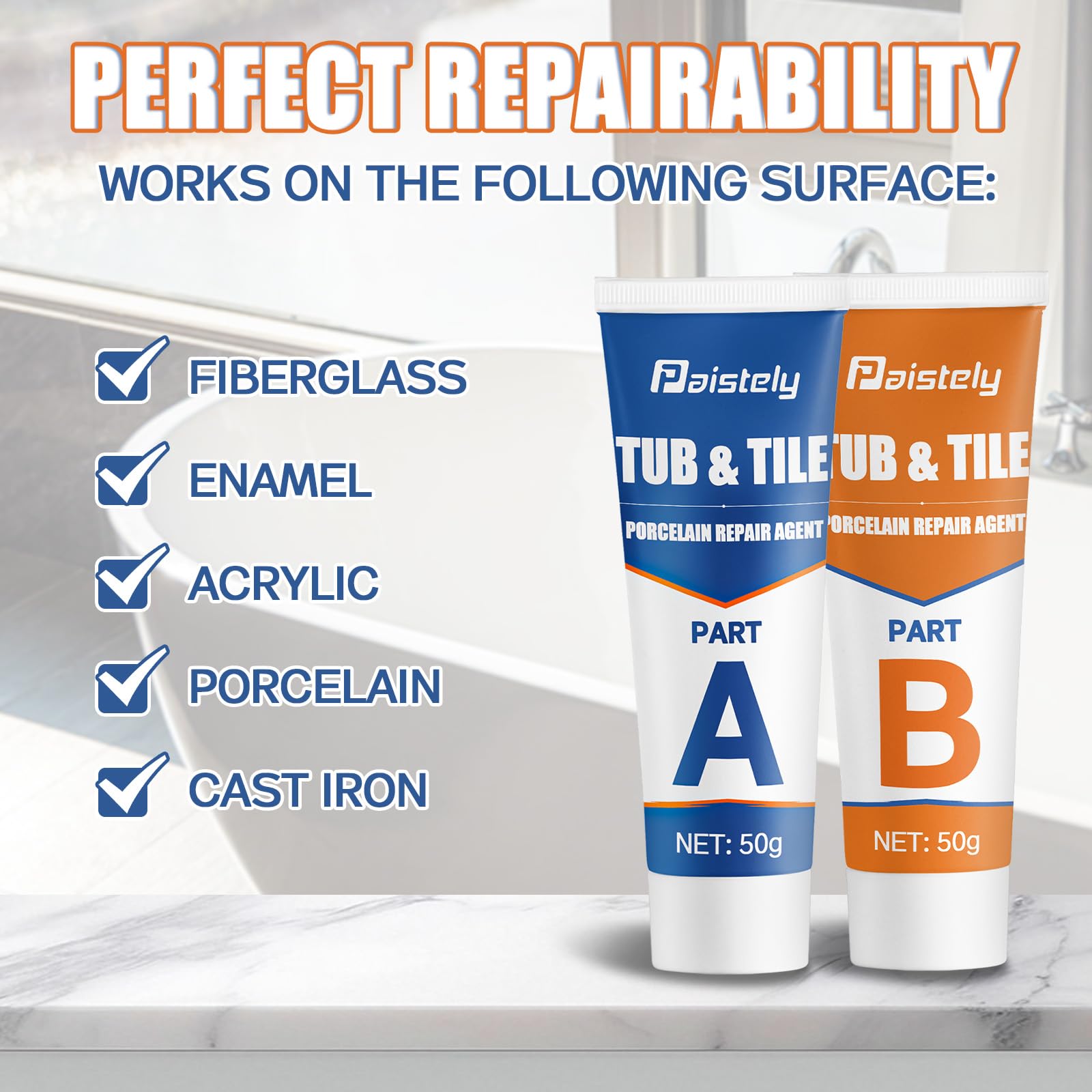 Paistely tub and sink repair kit in bathroom setting for quick fixes.
