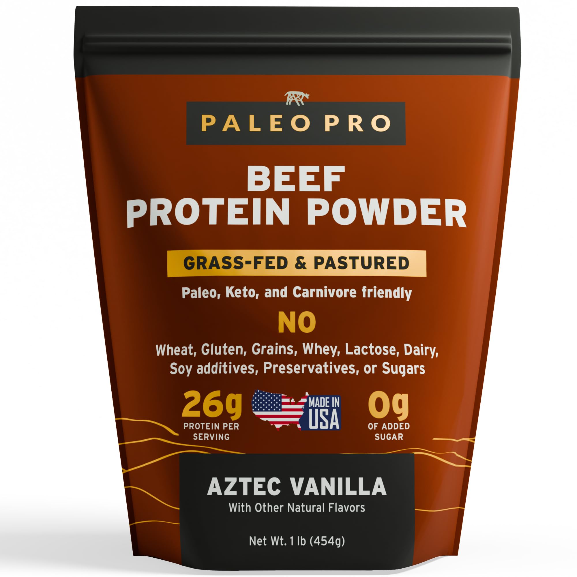 Paleo Pro 26G beef protein powder vanilla bottle pour supports post-workout protein intake.