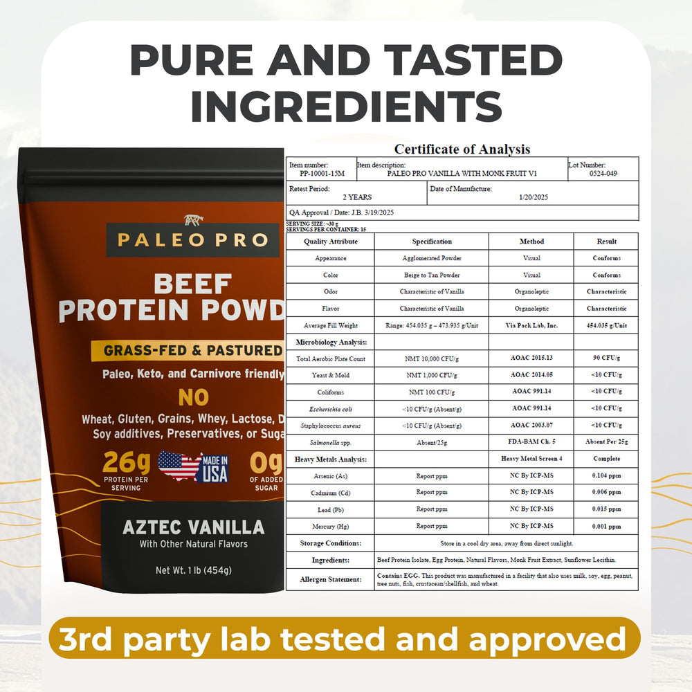Paleo Pro 26G vanilla scoop in shaker highlights convenient high-protein nutrition.