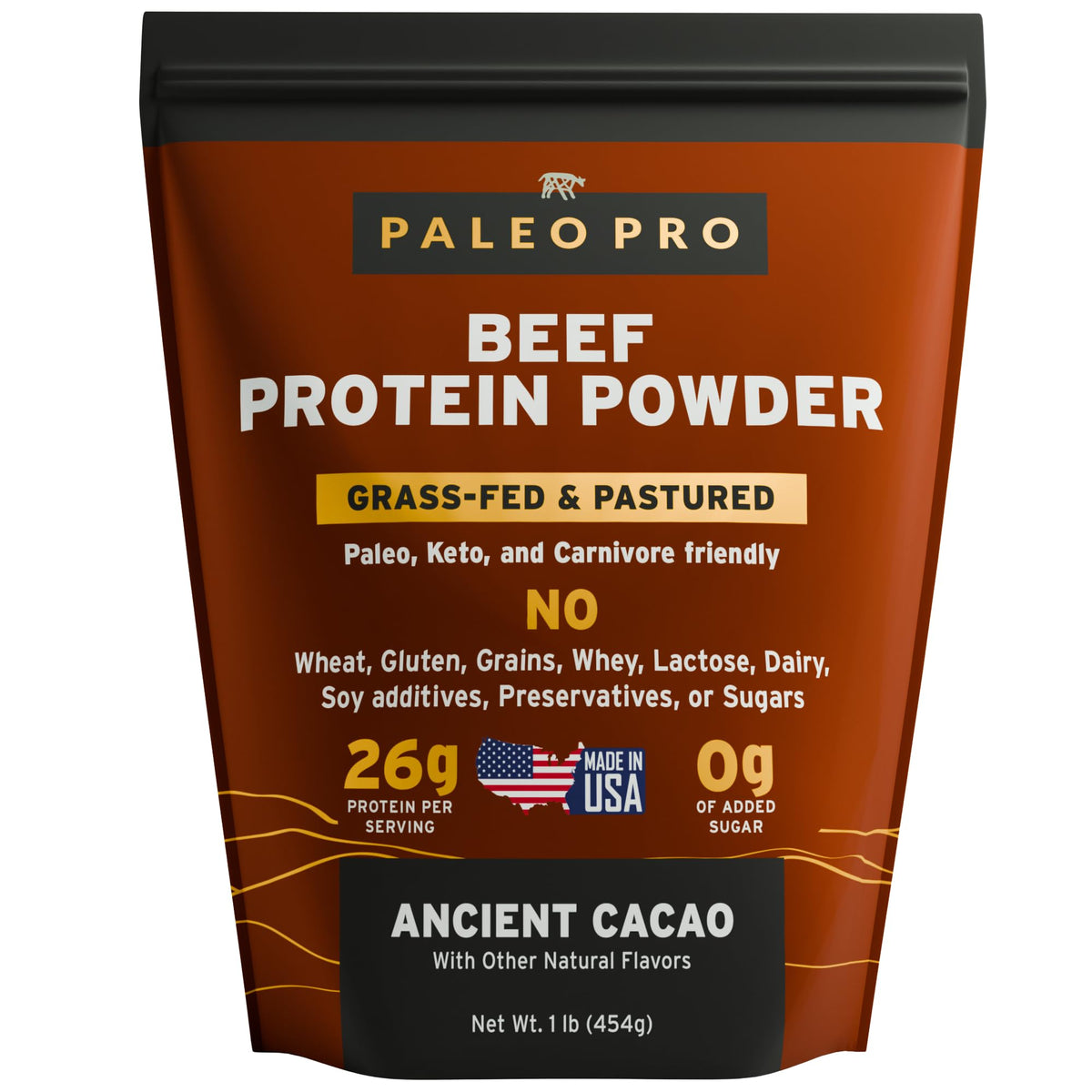 Paleo Pro Beef Protein Powder cacao bottle for convenient post-workout protein.