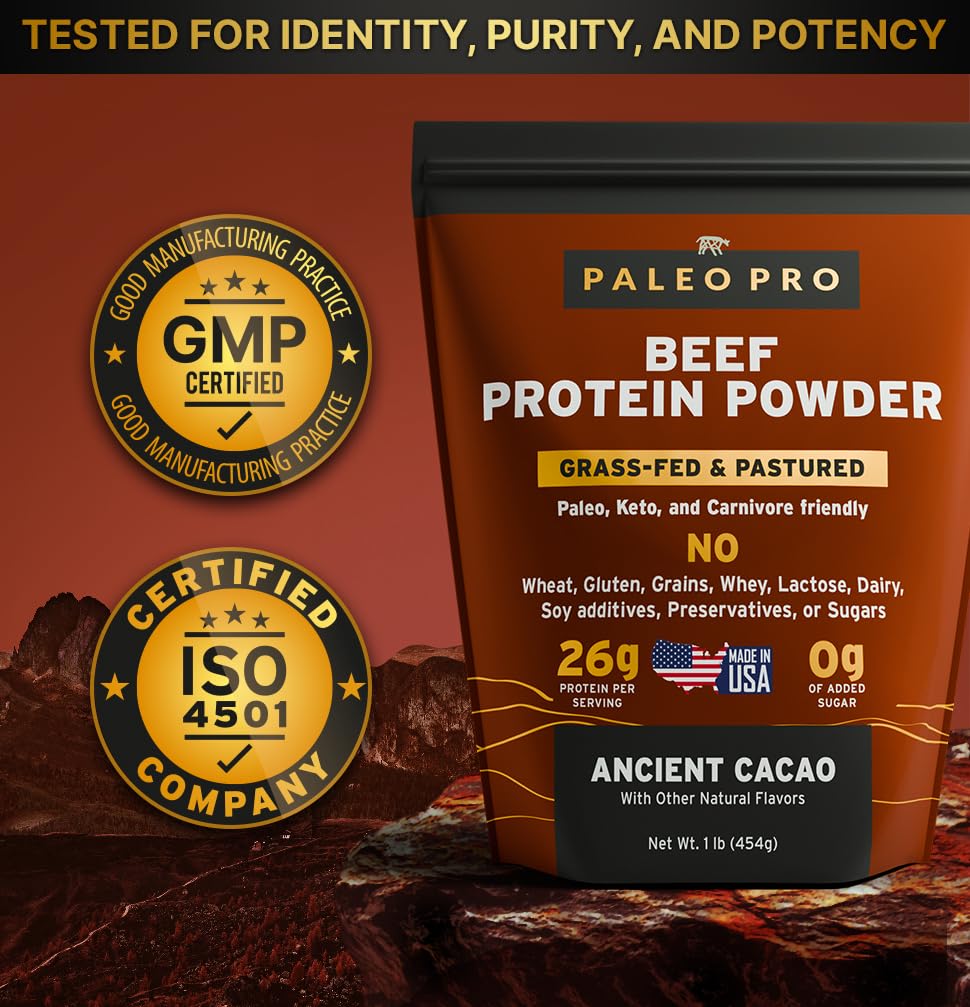 Paleo Pro Beef Protein Powder in coffee with cacao flavor boost.