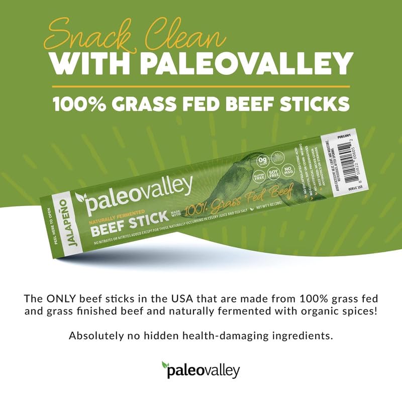 Paleovalley 100 percent grass-fed beef sticks pack emphasizing nutrient density.