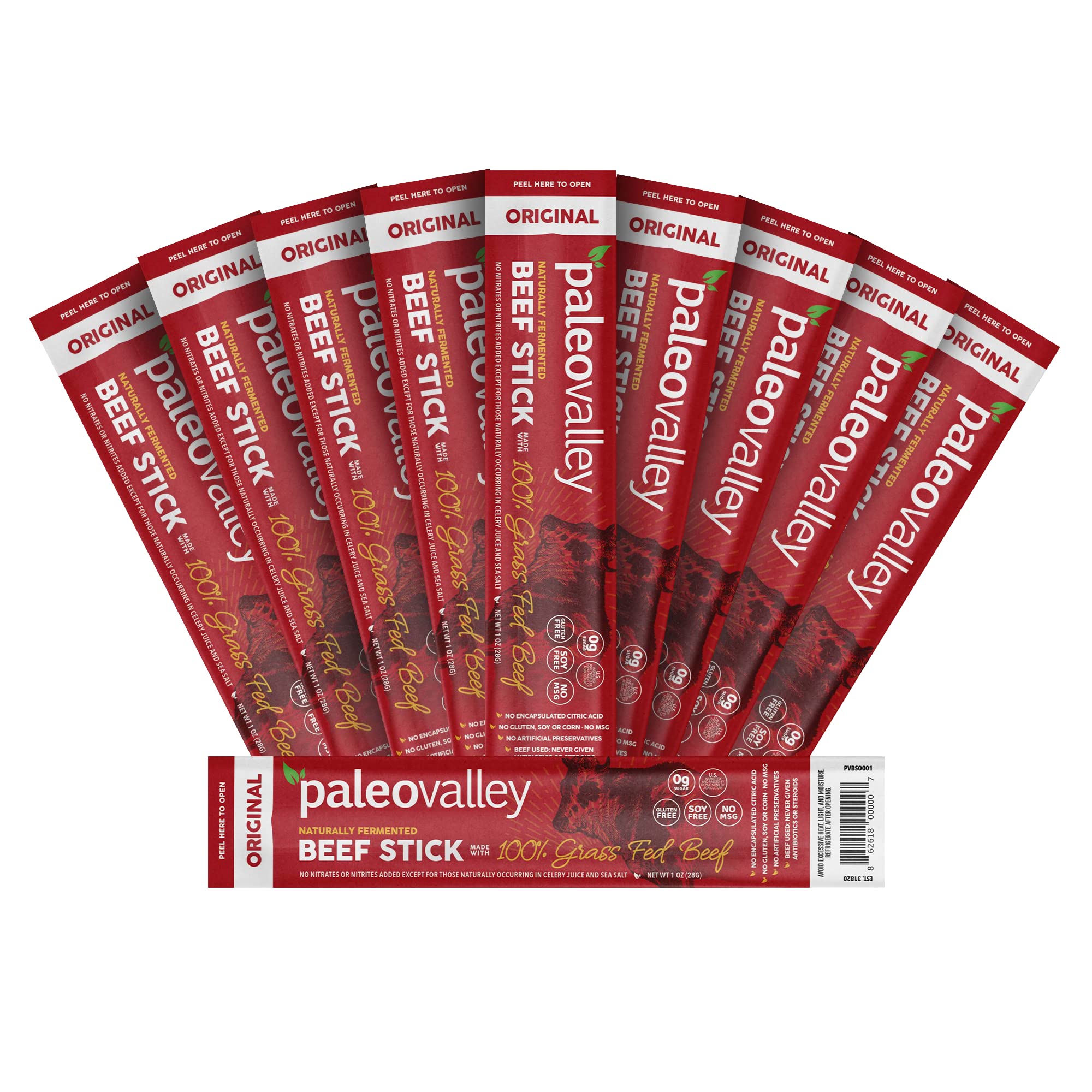 Paleovalley grass-fed beef sticks packaging highlights high-protein on-the-go snack.