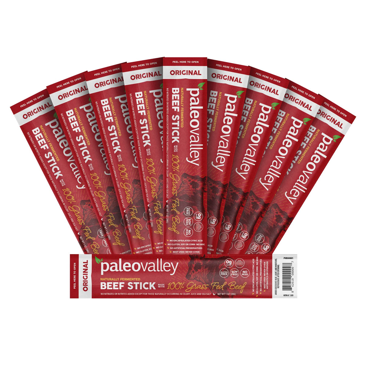 Paleovalley grass-fed beef sticks packaging highlights high-protein on-the-go snack.