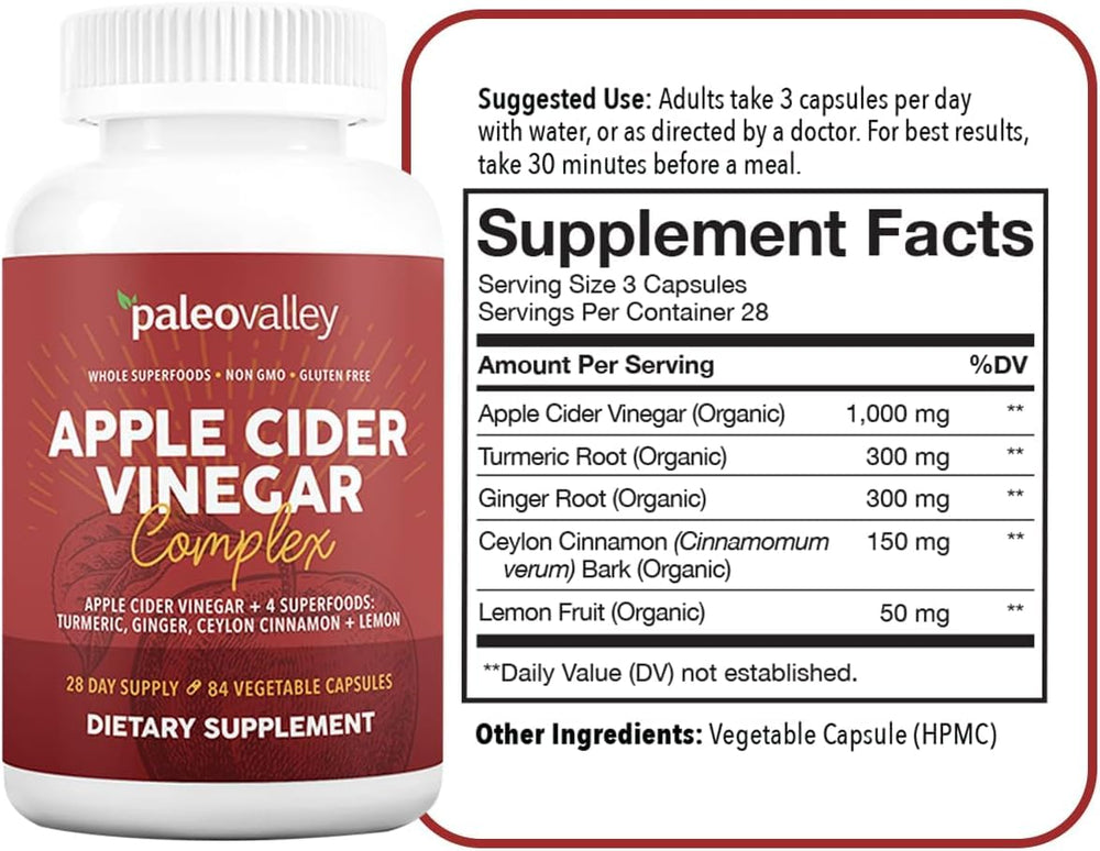 Paleovalley Apple Cider Vinegar Complex bottle opened to reveal capsules, ideal for daily keto support.