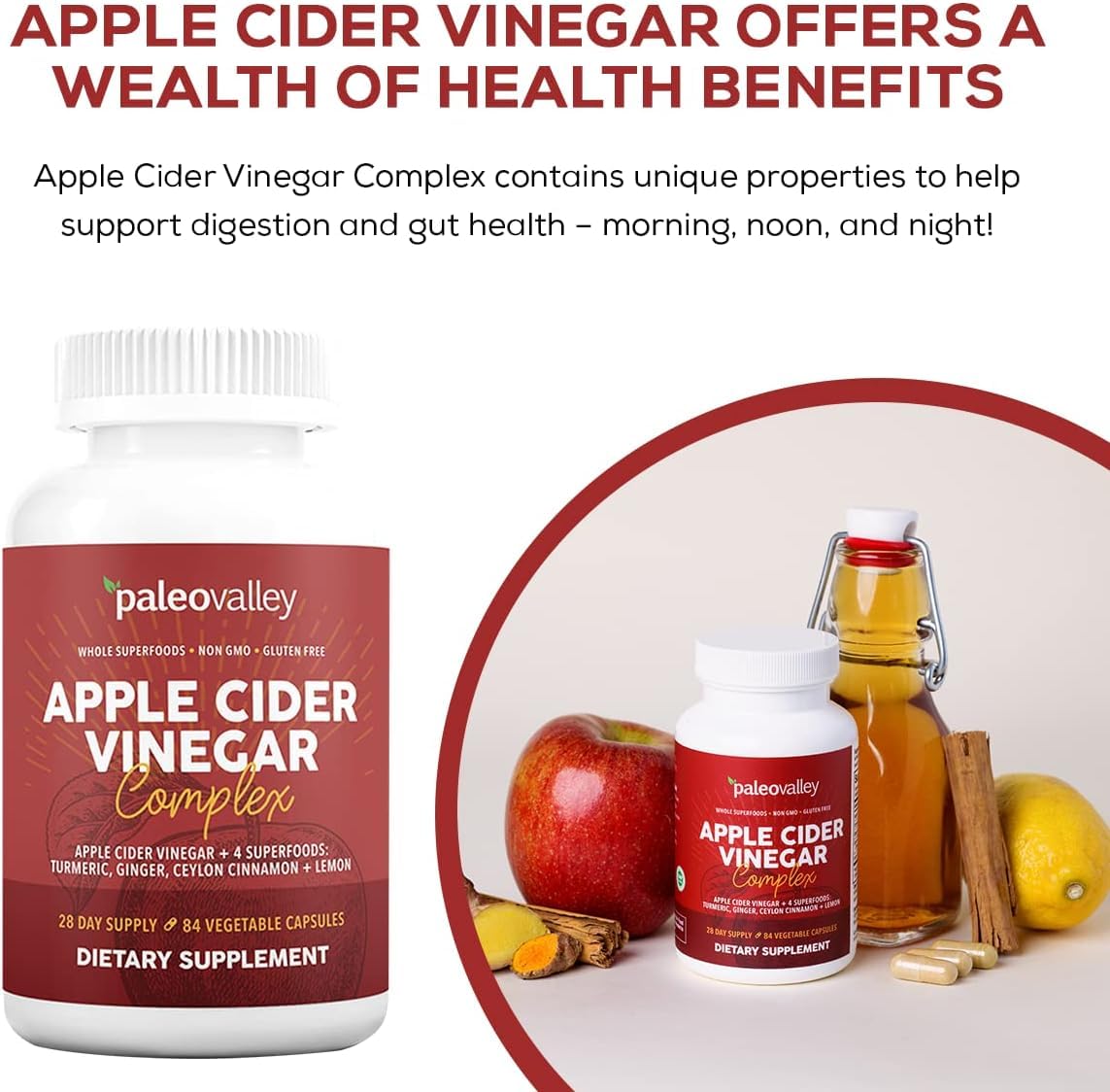 Paleovalley Apple Cider Vinegar Complex capsules taken with water for convenient daily keto and paleo support.